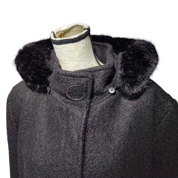 Calvin Klein Women's Black Wool Blend Long Line Coat Removable Faux Fur Hood - Picture 3 of 12